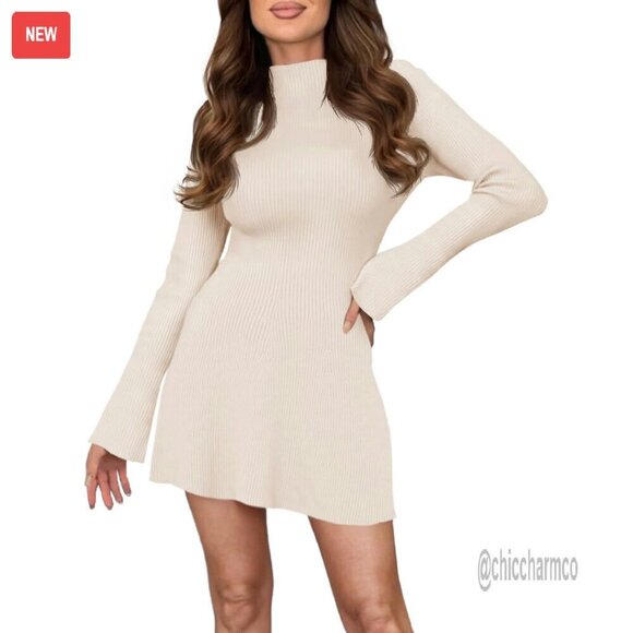 Dresses & Skirts - Ribbed Knit Mock Neck Sweater Dress A-Line Mini Bodycon Long Sleeve
